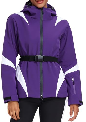 HOTIAN Giacca Invernale da Donna Giacca da Sci Impermeabile Antivento Calda Giacca da Snowboard con Cappuccio Traspirante Giacca da Neve Outdoor Giacca a Vento con Cappuccio con Cintura in Vita
