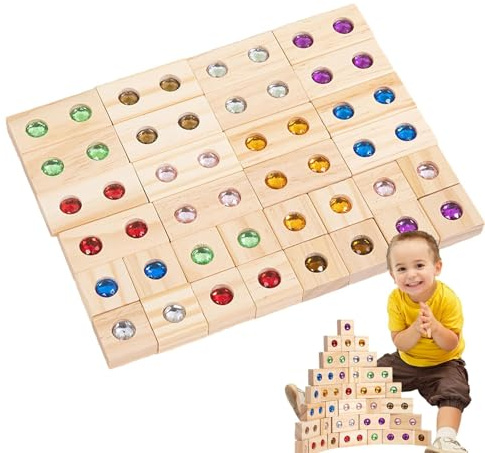 Wooden Building Blocks - Rainbow Stacking Toy, Stackable Cube Set, Acrylic Gem Blocks | Wooden Brick Set, Rainbow Stacking Towers Game, Stackab Tower