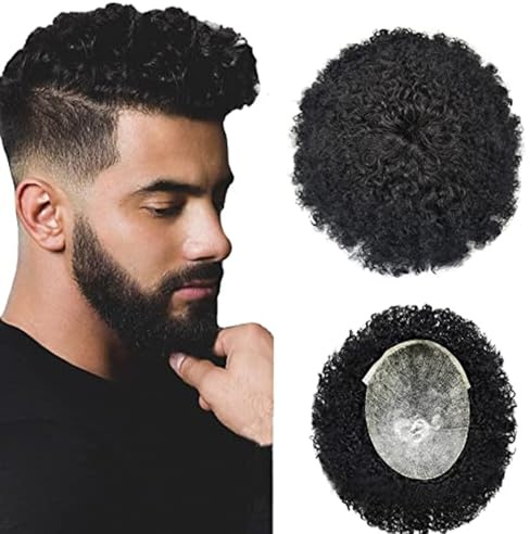 Postiche pour homme, Afro hommes toupet cheveux humains bouclés peau mince PU hommes prothèse capillaire avec noeuds indien Remy système de cheveux unité perruques naturelles Pour tous les jours, cosp
