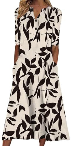 Midi Dresses for Women UK Short Sleeve V Neck Button Floral Dress Summer Casual Loose Fit Long Dresses with Pockets Comfy Lounge T Shirts Dress Beach Holiday Plus Size Elegant Sundress