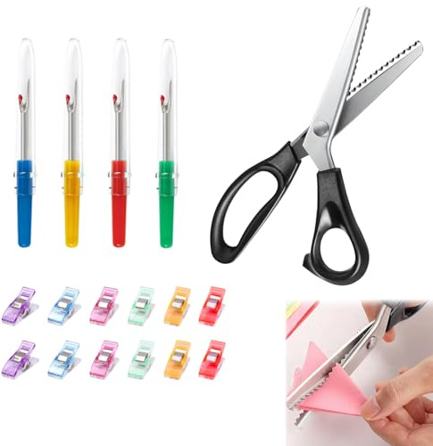 Ciseaux Cranter Zigzag Professionnels Ensemble avec 1 Ciseau en Acier Inoxydable, 4 Ciseaux à Fil, 12 Pinces à Couture, Idéal pour Travaux Manuels et Couture Domestique