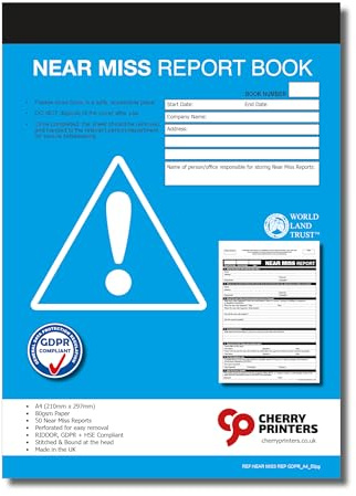 Cherry Near Miss - Quaderno formato A4, 50 rapporti, conforme a GDPR RIDDOR e HSE, fogli perforati per una facile archiviazione, carta da 80 g/m², registro degli incidenti sul posto di lavoro