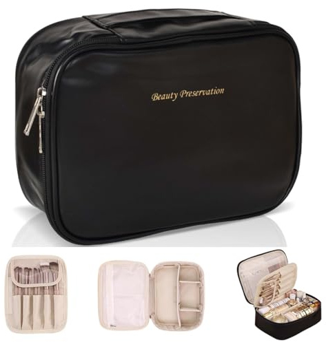 Neceser para Mujer, Grande Neceser de Viaje Impermeable con Compartimento para Brochas, Bolsas de Aseo, Bolsa de Maquillaje (Negro)