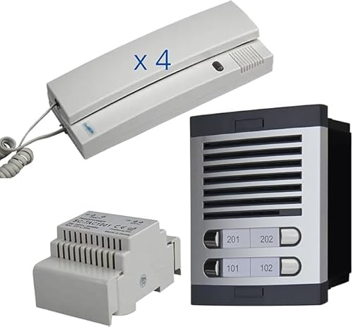 Kit citofono 4 appartamenti audio analogico 4+n – Citofono per condominio 4 unità abitative completo con posto esterno, citofoni interni, alimentatore e scatola da incasso – Alta qualità