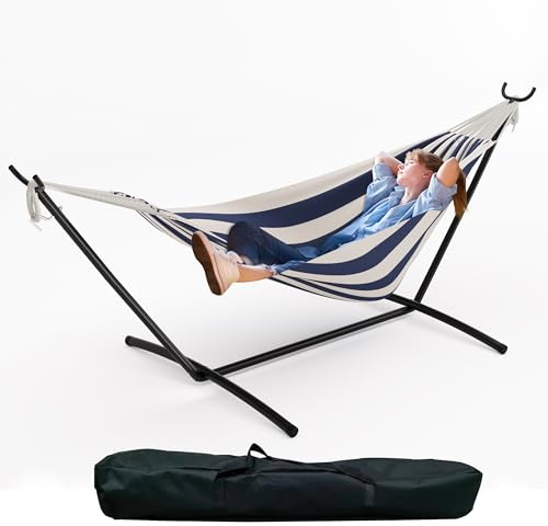 Hamaca con Soporte, Hamaca De 210 x 150 cm, 5 Alturas Ajustables, Portátil, Marco De Metal, Carga De 240 kg, para Patio, Jardín, Azul y Blanco