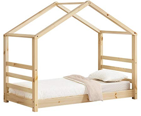 Cama para niños de Pino 80 x 160 cm Cama Infantil Forma de casa en Color Pino Natural