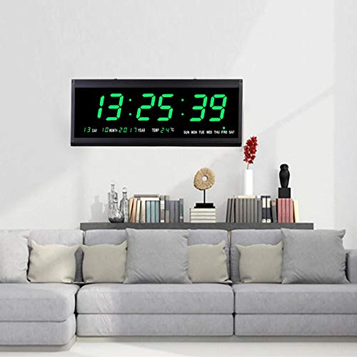 Fetcoi Digitaluhr Wanduhr Digital LED Uhr Seniorenuhr Wecker Büro Wohnzimmer LED Display mit Datumanzeige und Temperaturanzeige (Grün Schrift)