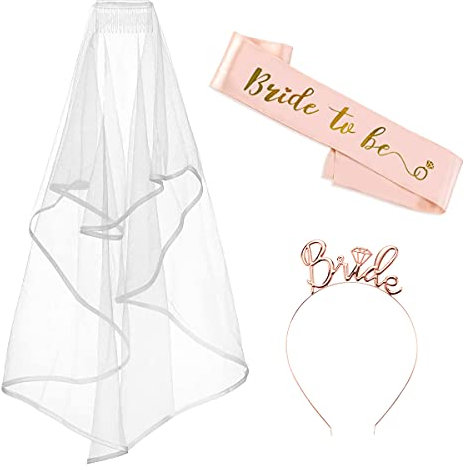 Leikedun Bride to Be Sash and Veil, Hen Party Accessories with Bride Tiara Headband for for Bridal Shower, Bachelorette Party, Wedding Party Decoration
