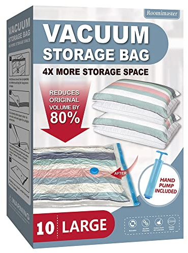 Roomimaster Vacuum Storage Bags, Vacuum Seal Space Saver Bags for Clothing, Travel Lugggage,Carry-on, Blankets, Comforters, Pilow, Bedding, 10 Large