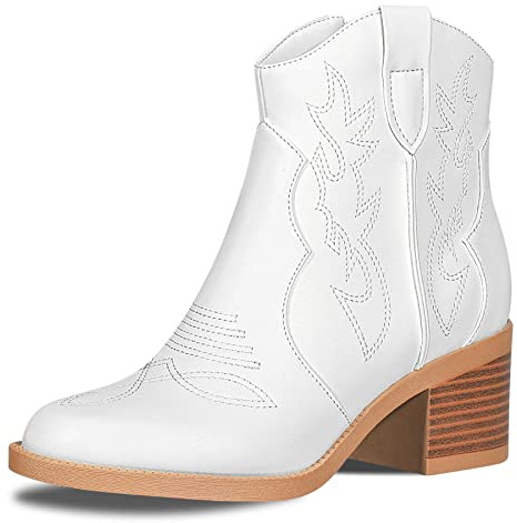 PIZZ ANNU Women's Embroidered Western Cowboy Boots Cowgirl Round Toe Short Ankle Boots Ladies Fashion Retro Classic Booties Chunky Heels, White 6.5