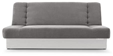 MOEBLO Schlafsofa Cyprus – Sofa Kippsofa Klappsofa Click-Clack Couch für Wohnzimmer Federkern Sofagarnitur Polstersofa mit Bettkasten und Schlaffunktion 192x85x92 cm (Grau + Weiß - Soro 90 + Soft 17)