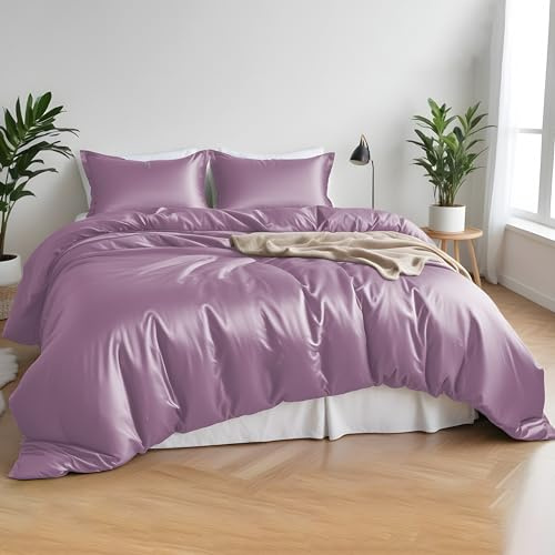 LINENWALAS 100% Organic Bamboo Core Bedding Set for King Size Bed 4Pcs Set- Soft Cooling Bamboo Silk Bedding Set Perfect for Skin- 1 Duvet Cover, 1 Fitted Sheet & 2 Pillowcases (King, Lilac)