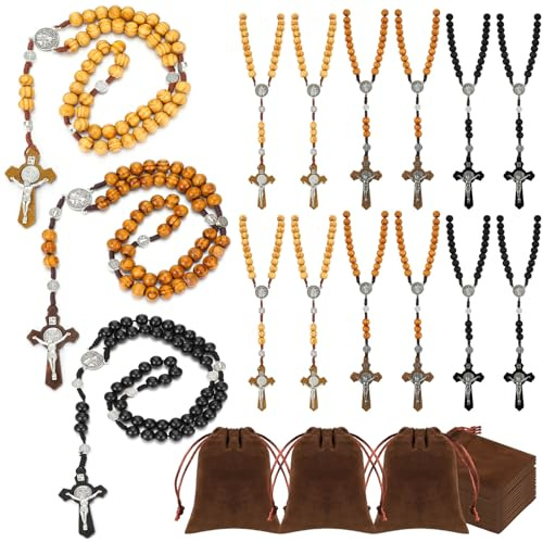 Equsion 12 Set Wooden Bead Rosary Necklace Catholic Rosary Wood Carved Solid Beads with Jesus Cross Our Father with Velour Gift Pouch Baptism Favors Catholic Gift(Multicolor)