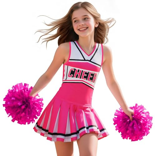 Gortykor Cheerleader Costume for Girls Cheerleading Outfit for Halloween Cheerleader Gifts 3-10 Years (Pink, 9-10 Years)