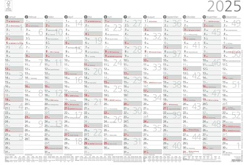 Zettler - Plakatkalender 2025, 59,4x42cm, Jahresplaner mit Jahresübersicht, 12 Monate auf 1 Seite, Mondphasen, Arbeitstage-, Tages- und Wochenzählung, Ferientermine und deutsches Kalendarium