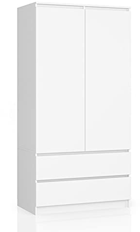 Home Collective Kleiderschrank weiß, Schrank mit 2 Türen und 2 Schubladen, 90cm breit 180cm hoch, Kleiderstange, Garderobe, Schlafzimmer, Wohnzimmer