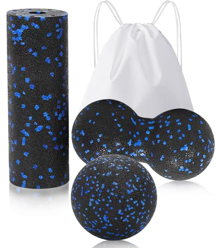 Erdnuss Massageball Faszienball-Set, 3-teiliges Kleiner Massageball Set, Set Selbstmassageball Faszienball und Faszienroller Mini Set für Wirbelsäule Füße Rücken (Blau)