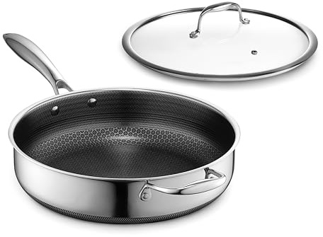 HexClad Sartén Profunda para Saltear Hybrid Antiadherente de 4.5 Litros con Tapa de Vidrio Templado, Apta para Lavavajillas, Horno hasta 480°C e Inducción, Compatible con todas las Estufas