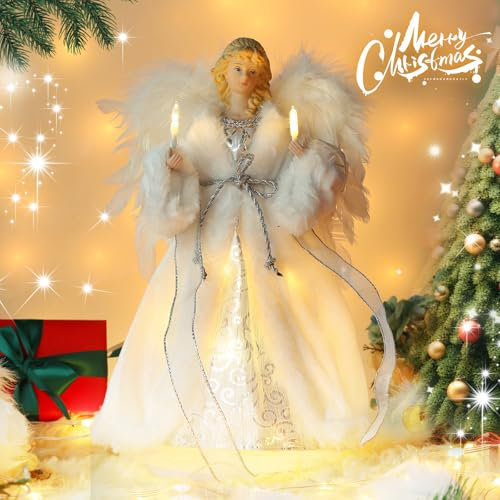 MACTING 12'' Angel Tree Topper with White Feather Wings and Silver Skirt, Christmas Tree Topper with LED Light for Xmas Tree Top Decor Holiday New Year Home Ornament Decorations