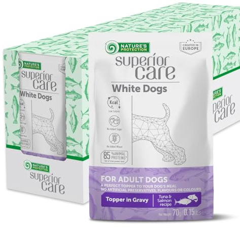 Nature's Protection Superior Care Comida para perros con atún y salmón, sin cereales e hipoalergénica, para perros adultos blancos, cuidado de la piel y el pelo, reduce las manchas de lágrimas (24 x