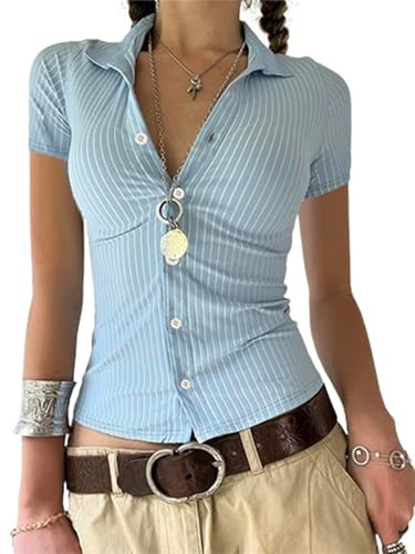 Women Y2k Basic Button Down Shirts Cap Sleeve Lapel Collar Tight Office Business Blouse 90s Slim Fit Ruched Tie Back Shirts (C-Blue, L)