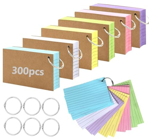 300 Pcs Flash Cards, 3x5 Inches Index Cards with Metal Ring, Colored Heavy Notecards for School, College, Home, Office, Memory, to Do List