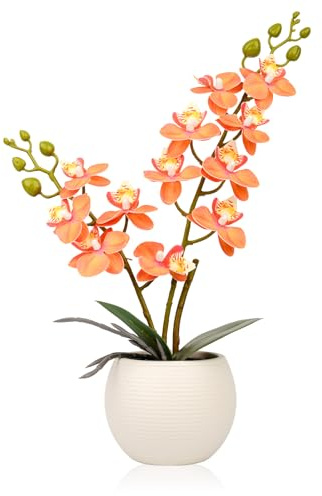 Olrla Konstgjord orkidé med orangefärgade blommor i vit kruka, Real Touch Faux-Phalaenopsis orkidé för dekoration för bröllop, hem, kontor och fester