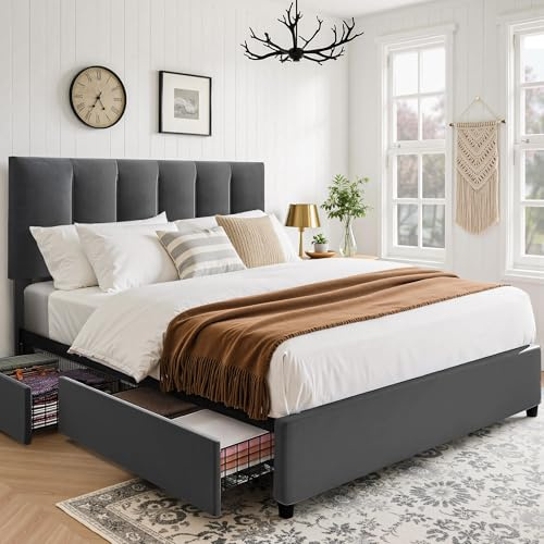 VECELO Lit Double 140 x 190 cm avec 4 Tiroirs de Rangement, Sommier à Lattes en Bois, Tête de Lit Réglable, Revêtement en Velours, Structure Silencieuse, Montage Facile, Gris