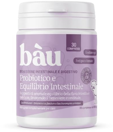 Bau Probiotici per Cani, Fermenti Lattici Cane, Supporto Gastrointestinale Cane, Probiotico Digestivo per Cani Prurito, Integratore Diarrea Cane con Ingredienti Naturali, Probiotico Cane -30cps