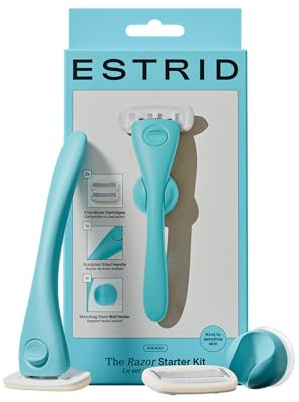 Estrid Starter Kit - Steel Razor + 2 * 5 blade Refill + Wall holder Razor for Body, Vegan, For sensitive skin, 2 refill cartridges (Aqua)