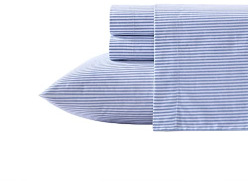Poppy & Fritz - Set di lenzuola per letto matrimoniale, in percalle di cotone, fresco e fresco, elegante decorazione per la casa (blu a righe Oxford, matrimoniale)