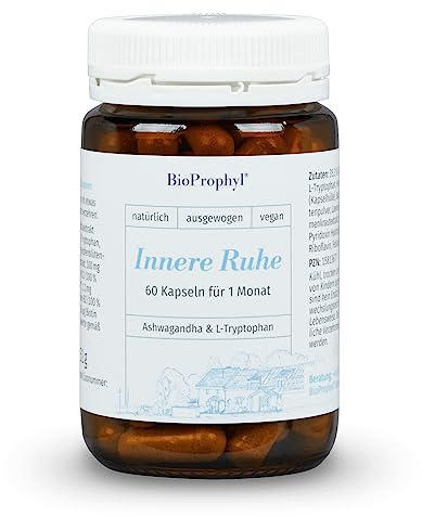 BioProphyl® Innere Ruhe mit Ashwaghanda 5% Withanoliden, Baldrian, Hopfen und Lavendel + L-Tryptophan und B-Vitaminen zur Unterstützung der Psyche - 60 pflanzliche Kapseln für 1 Monat - 100% vegan