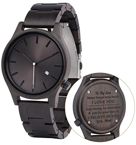 LMWOOD Orologio in Legno Inciso Personalizzato per Uomini - Analogico al Quarzo Fatto a Mano, Ebono&data