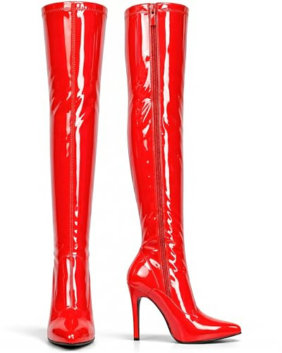 Golden Beads NEW WOMEN LADIES THIGH HIGH OVER THE KNEE HIGH HEEL STRETCH BOOTS SEXY LOOK (9 UK, Red Patent)