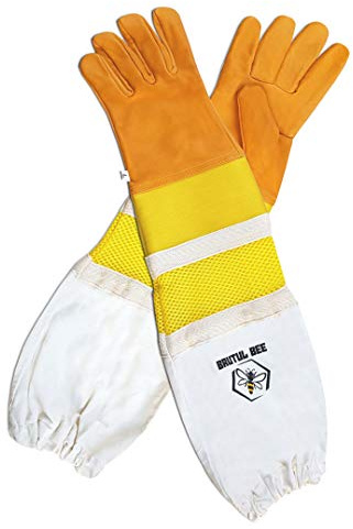 Brutul Bee Beekeeping Cowhide Leather Ventilated Gloves Yellow Rubber Cuff With Yellow Mesh with Long Heavy Duty Fabric Protective Vented Sleeves & Elastic Cuffs (M)
