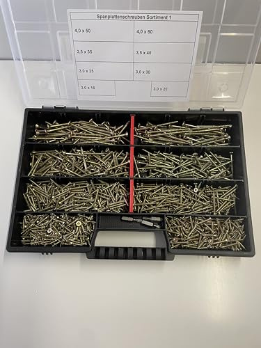 Reisser 1120 Stück Spanplattenschrauben Torx Sortiment Holzschrauben Set Senkkopf Gelb Verzinkt mit 3 Schrauberbits und 1 Magnethalter, Gesamt 1124 Teilig
