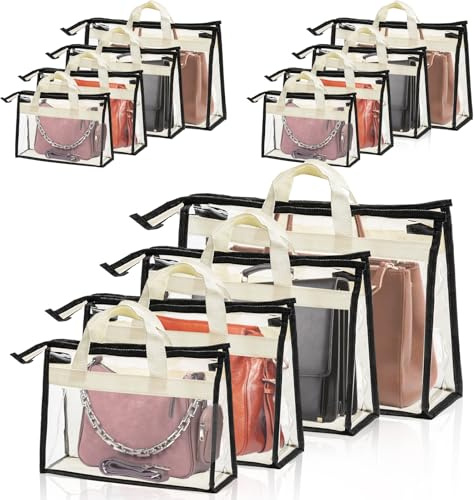 Peohud 9 Stück Handtaschen Staubbeutel,3 Größen Transparente Handtaschen Aufbewahrung,Hängende Handtaschen Staubabdeckung Taschen mit Reißverschluss, Griffe und Haken