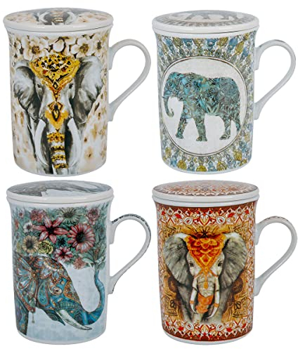 ROCKING GIFTS Taza Mug Té Tisana 330ML con Tapa y Filtro Infusor, Modelo Surtido (1 Unidad), Porcelana Elefante Hindú, con Caja de Regalo, 11 cm