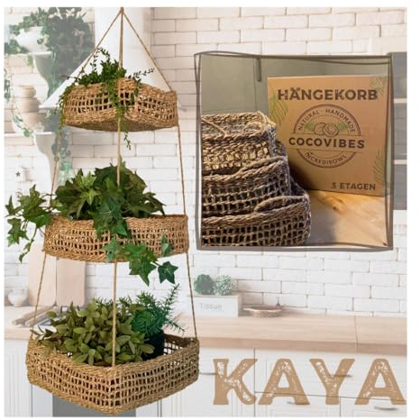 cocovibes KAYA Obstkorb hängend mit 3 Körben aus Seegras/Obst Aufbewahrung/Deko Küche quadratisch 32+28+22 cm/Küche Hänge Etagere/Obstschale/Obst Etagere/Fruit Basket