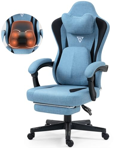 Vigosit Gaming Stuhl mit Beheizter Massage Lendenwirbelstütze, Stoff Gamer Stuhl mit Tasche Frühling Kissen und Fußstütze, Roß und Hoch Ergonomisch Gamer Bürostuhl 150 kg Belastbarkeit (Blau)