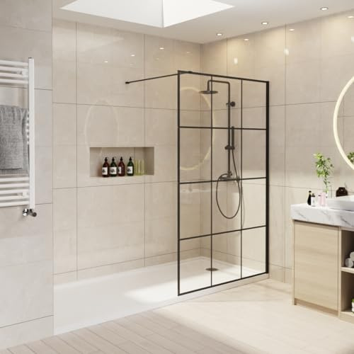 NRG 1200 x 1950mm Wetroom Screen Wet Room Shower Enclosure Black Grid Framed Shower Screen Panel 8mm Easy Clean Glass