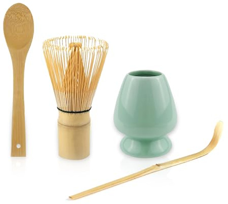 XPJBKC Te Matcha Kit, 4 Piezas Accesorio de Ceremonia de Matcha, Kit Te Matcha con Batidor Matcha, Escoba Matcha, Cuchara Matcha y Soporte para Batidor, Batidor de Bambú Accesorios Matcha