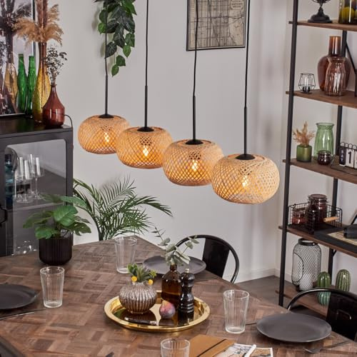 Lampada a sospensione Bauro, lampada moderna in metallo/bambù nero/naturale, dal design boho con effetto luminoso, altezza max. 148 cm, 4 luci, Ø paralumi 20 4x attacco E27, senza lampadine