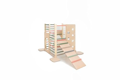 HOMEforDREAMS Torre da arrampicata quadrata in legno ispirata Montessori per bambini piccoli: parco giochi pieghevole al coperto con accessori (spazio forestale, con PCB)