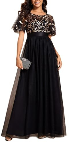 Ever-Pretty Women's Short Sleeve Embroidery Empire Waist A Line Floor Length Elegant Long Formal Evening Party Dresses Black Gold 20UK