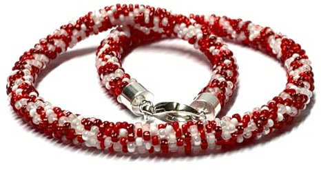 Kette 925 Silber Verschluß Glasperlen Häkelkette weiß rot Handarbeit Unikatschmuck 44cm