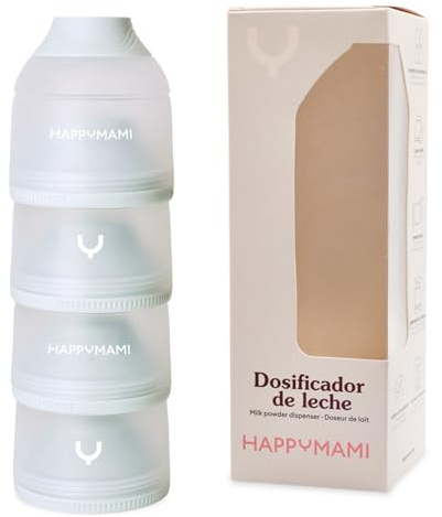 Happymami, Dosificador de Leche en Polvo o Cereales, Color Aguamarina Pastel, 4 Compartimentos Portátiles de 360ml cada uno, Fácil de Llevar, Apertura Sencilla, Superficie Interior Antiadherente