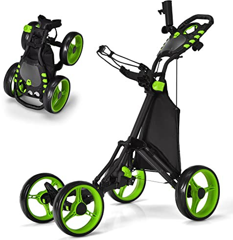 COSTWAY 4 Wheel Golf Trolley, Lightweight Folding Golfs Push Pull Cart with Adjustable Height Handle, Umbrella Stand, Cup Holder and Foot Brake (with Storage Bag, Green)