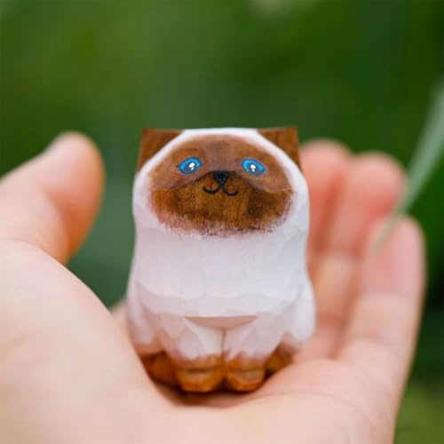 ShaoAngDuoMi Hand Carved Siamese Cat Figurine - Wooden Craft, Cute Statue Home Decor, Unique Figure Collectibles Gift for Cat Lovers