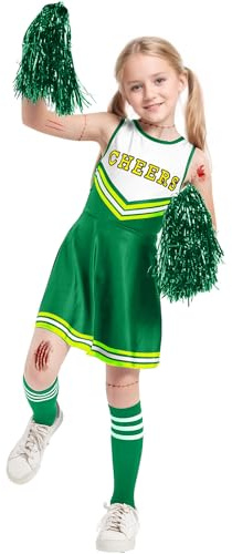 JiAmy Mädchen Cheerleader Kostüm, Schulspiel Cheerleading Uniform mit Pompons und Socken, Halloween Fancy Dress Up Outfit für Kinder 5-6 Jahre Grün